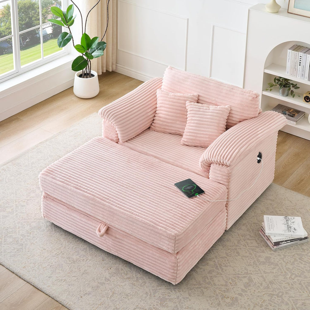 Deolme Oversized Chaise Lounge Chair with Storage Ottoman & USB Ports, Fluffy Corduroy Cloud Couch Sleeper Sofa Bed with Arm Rest, Comfy Overstuffed Sofa Chair Set for Living Room, Bedroom (Pink)