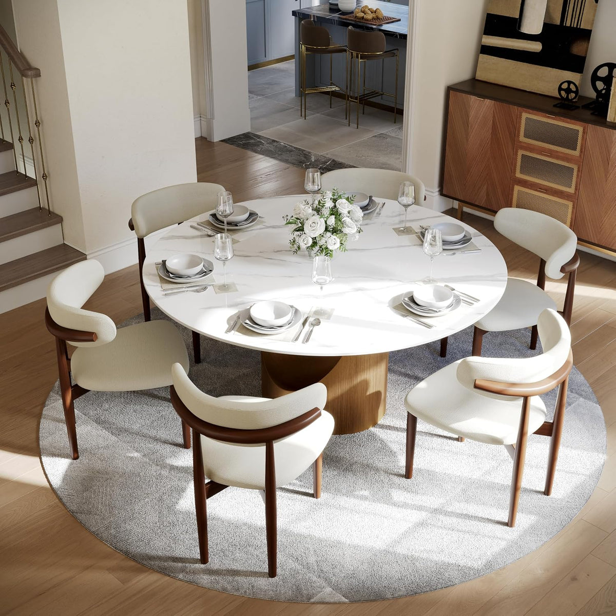 POVISON 59" Round Dining Table for 6, Glossy White Sintered Stone Tabletop