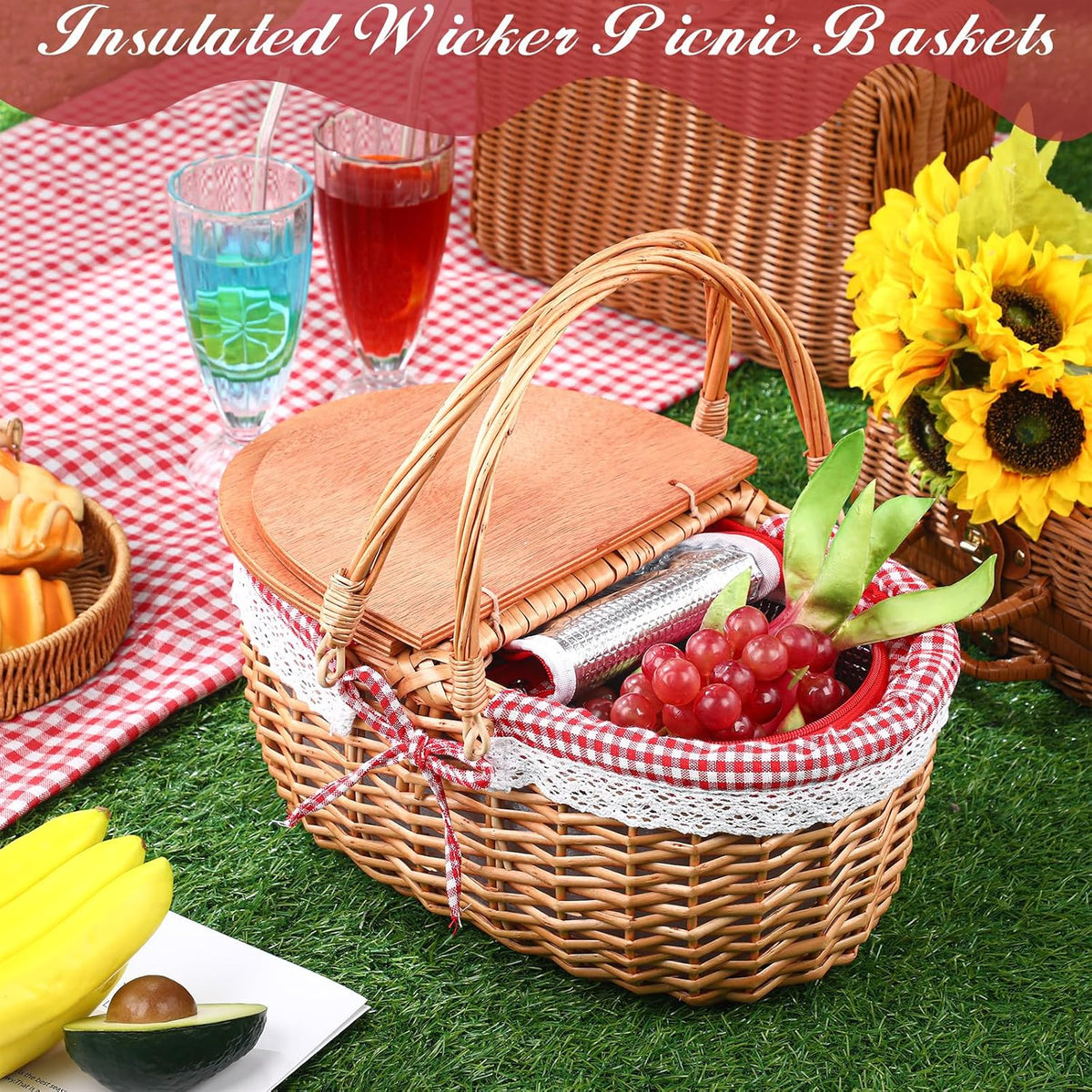 DoubleFill Wicker Insulated Picnic Basket with Lid, Cooler Bag,Red Plaid