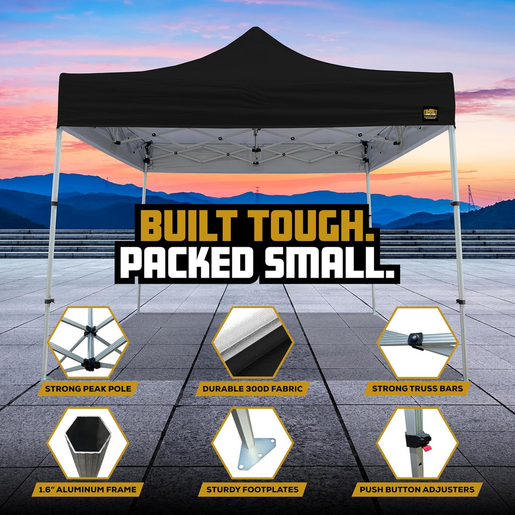 8x8 Heavy Duty Pop Up Canopy by Compact Shelter - Easy Setup, Commercial Grade Aluminum Frame, 42” Folded Frame Height, UPF 50+, Adjustable Portable Tent for Beach, Events, Camping, Roller Bag (White)