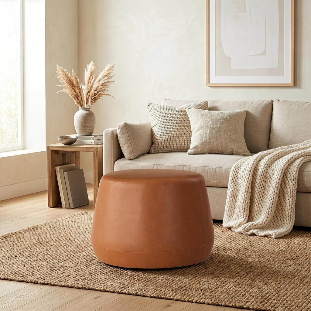 Studio Living Waverly 24" Thimble Ottoman, Urban Transitional, Fully Assembled, Vegan Leather Fabric, Carmel