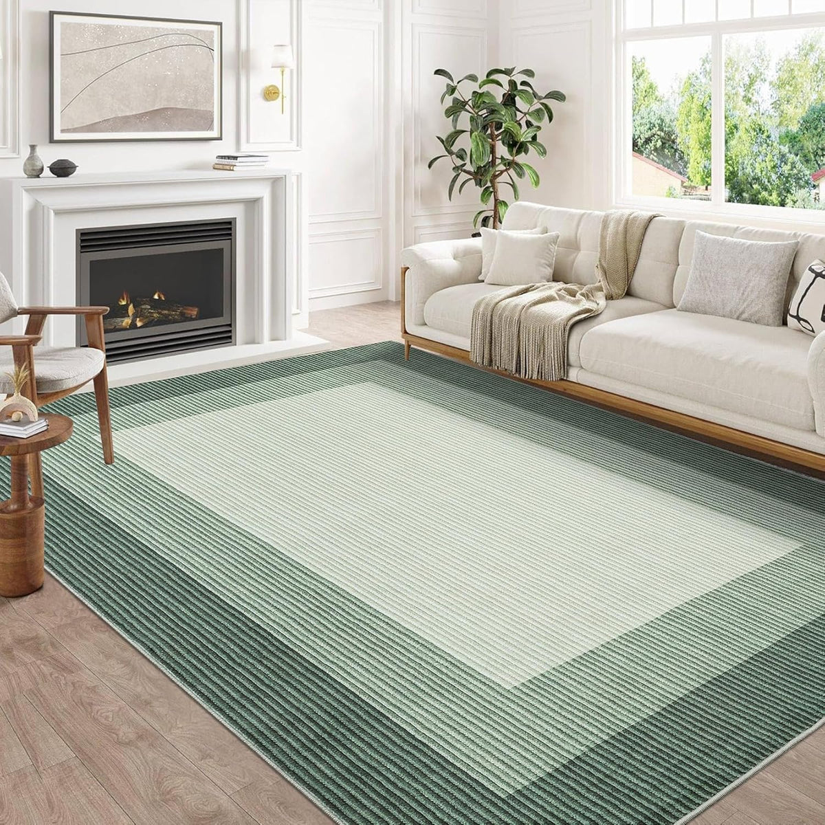 GarveeHome Area Rugs 9x12 Living Room Rug, Modern Bordered Machine Washable Rug Large Soft Geometric Carpet for Bedroom Non Slip Stain Resistant Neutral Solid Carpet for Dining Room Farmhouse, Green