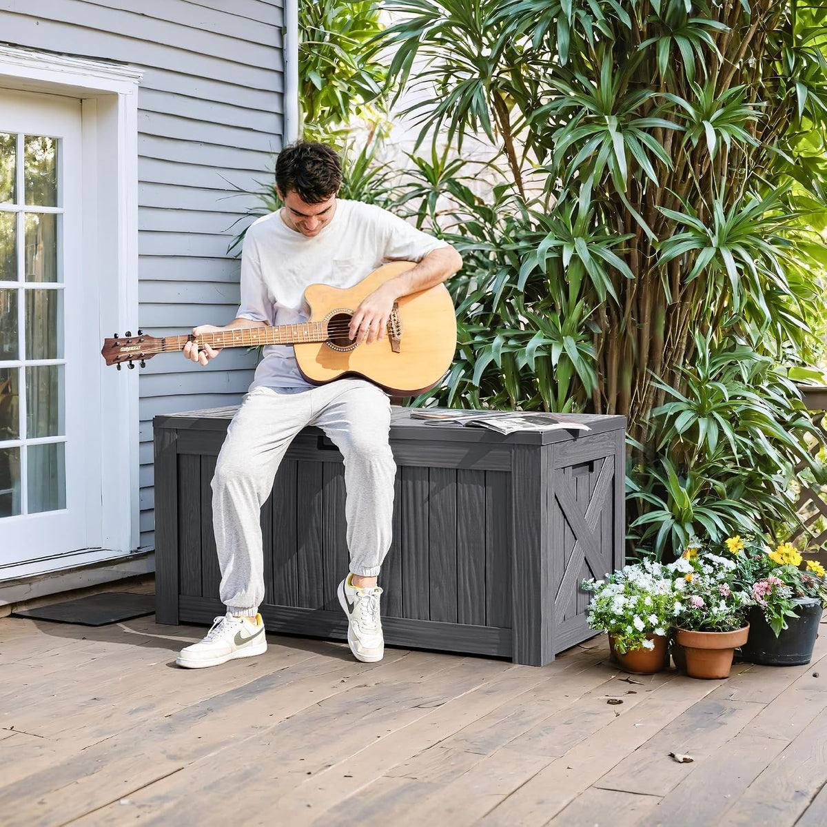 Greesum 120 Gallon Deck Box, Resin Outdoor Storage Container, Gray