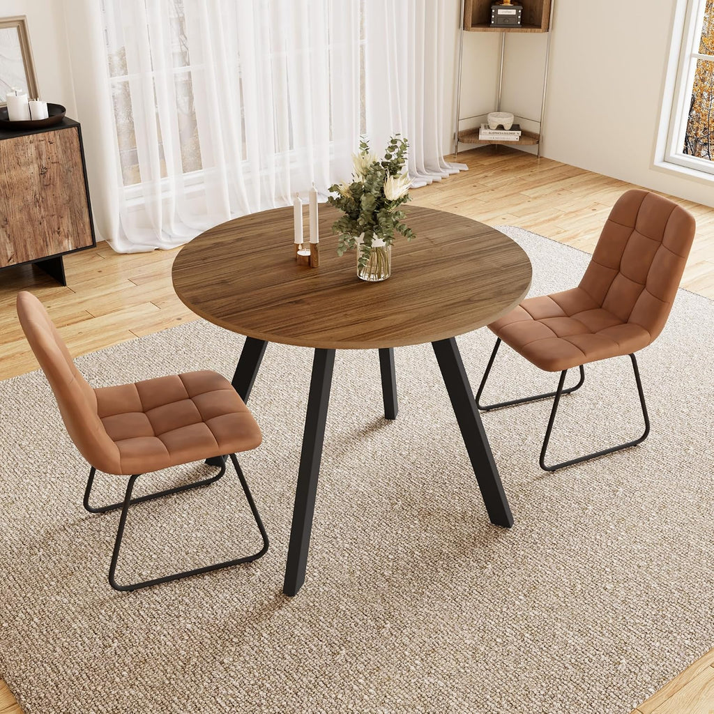 Zerifevni 34.6'' Dining Table and Chairs for 2, Mid Century Modern Round Table Set, Space Saving for Apartment Kitchen Dining Room (Walnut Table+2 U-Shaped Brown Chairs)