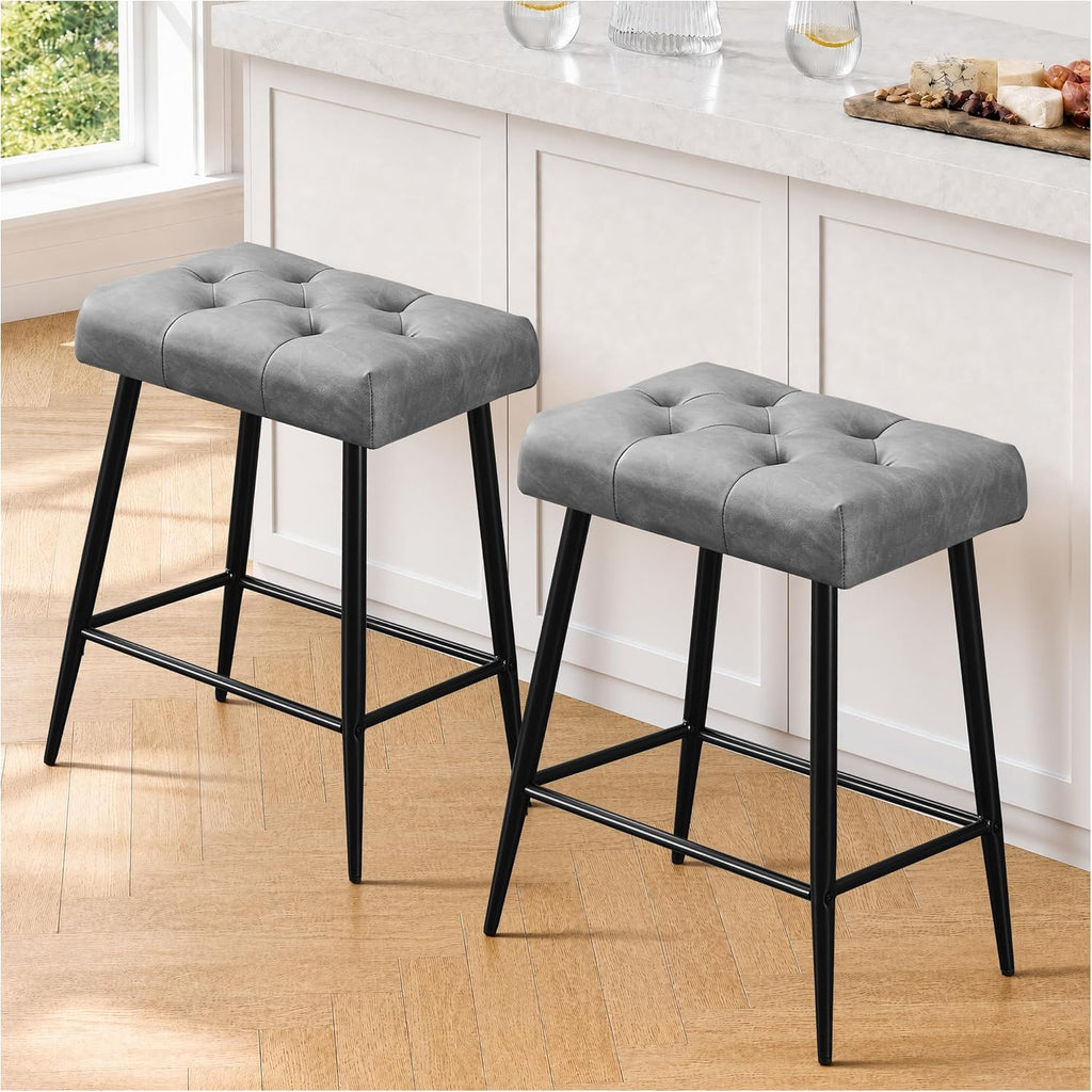 STOOLINK Faux Leather Bar Stools Set of 2, 24 Inch Modern Bar Stools, Grey