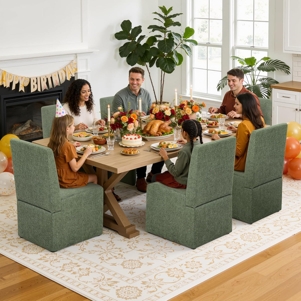 RNKSFX Modern Green Upholstered Dining Chairs Set of 6, Kitchen & Dining Room Chairs, Linen Dining Chairs with Wooden Frame, Fabric