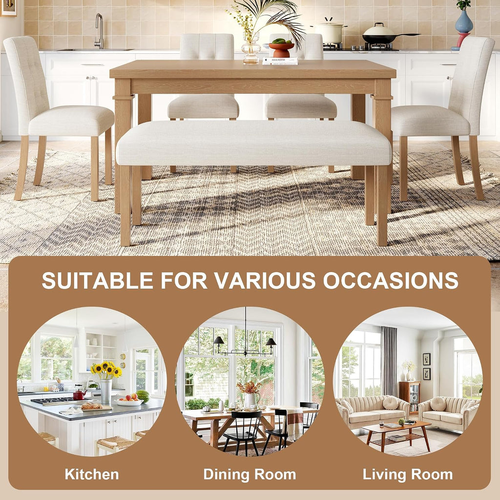 P PURLOVE 6 Piece Dining Table Set, Wood Rectangle Kitchen Table with 4 Upholstered Chairs 1 Bench for Dining Room and Living Room (Natural)