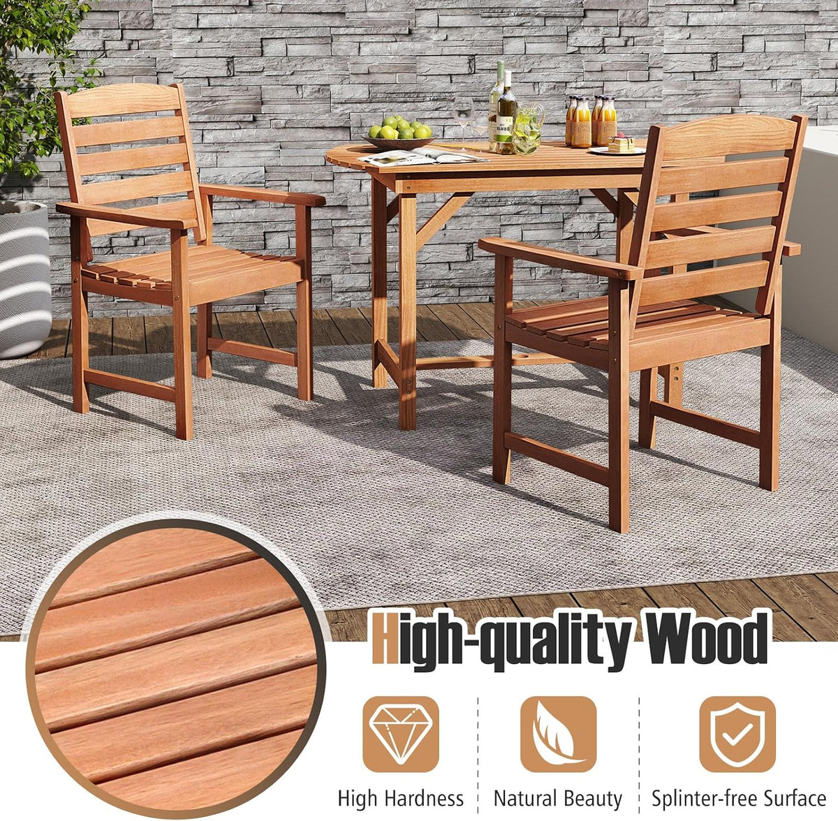 Tangkula Wood Patio Dining Chairs Set of 2, Wooden Outdoor Dining Chairs with High Backrest & Slatted Seat, Outdoor Furniture Armchairs for Deck, Garden, Porch & Backyard, (Thick Horizontal Stripe)