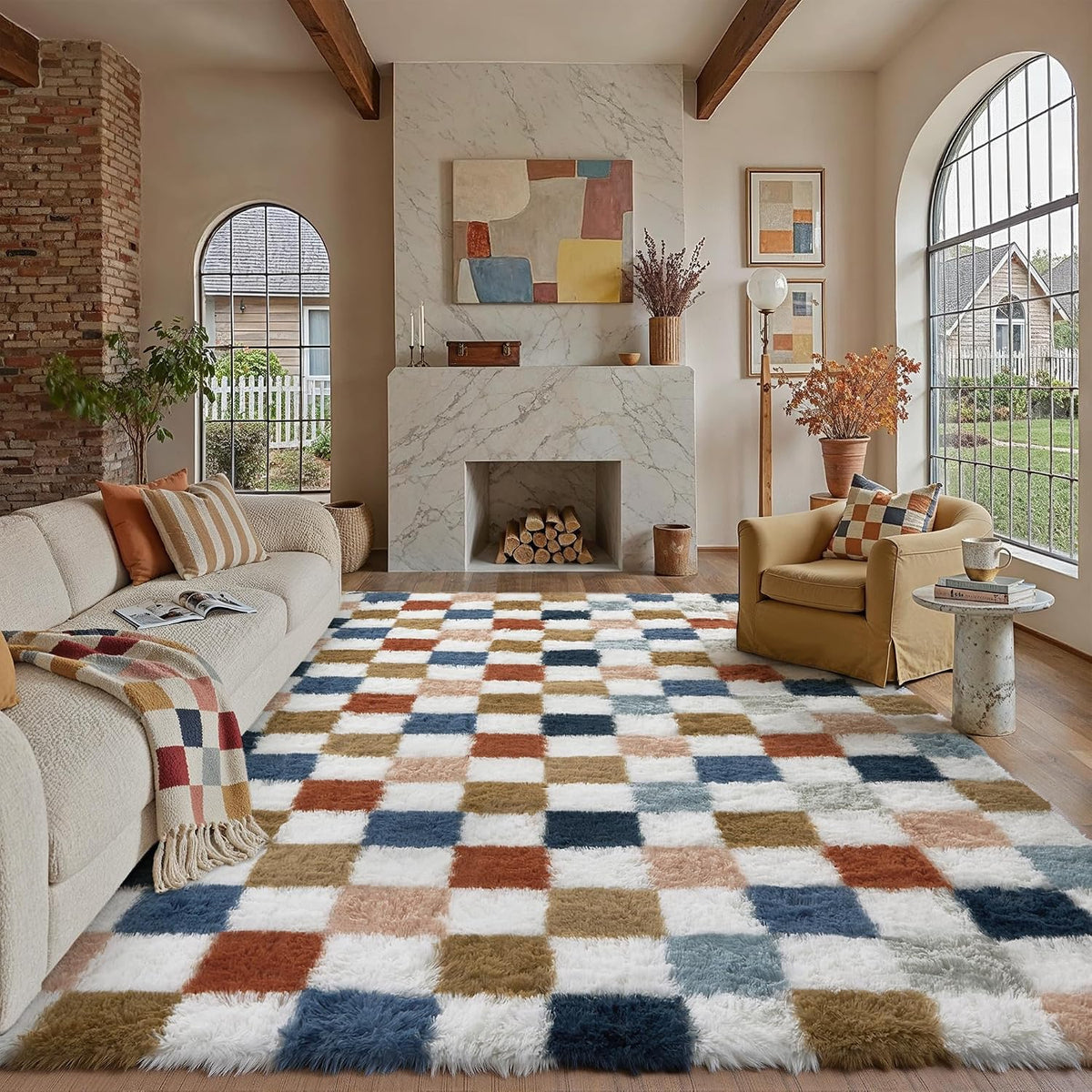 PureCozy Checkered Area Rug 9x12 for Living Room Soft Fluffy Shag Carpet