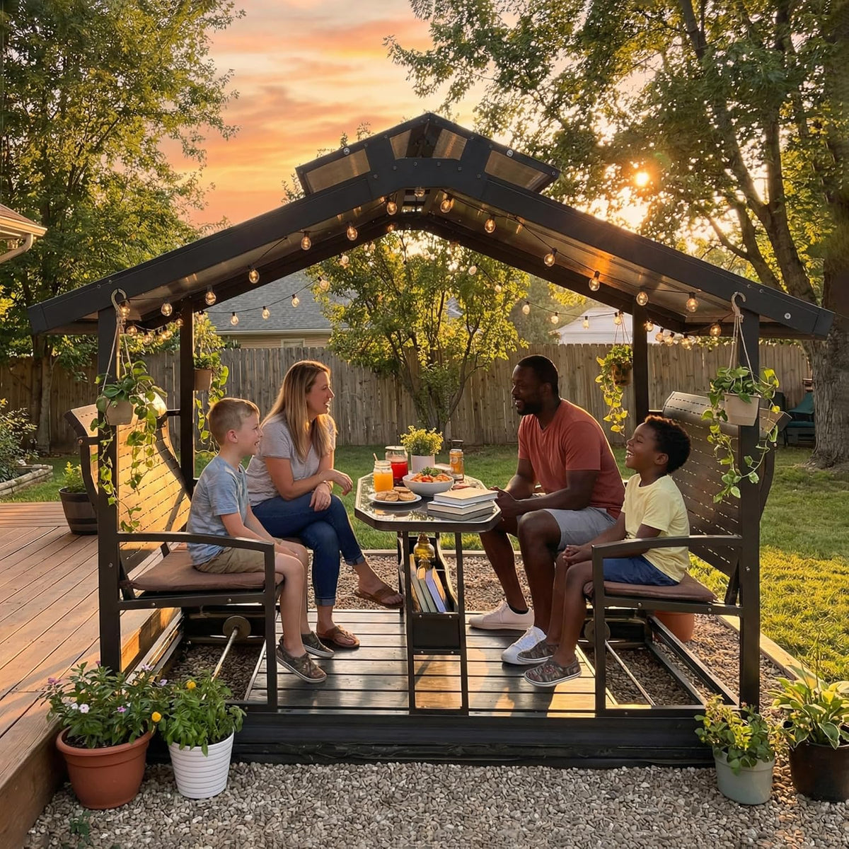 OUDE 4 Seats Hardtop Patio Porch Swing, Heavy Duty 1500 lbs Capacity Aluminum Frame Glider Bench with Tabletop and Storage Shelf for Backyard, Brown