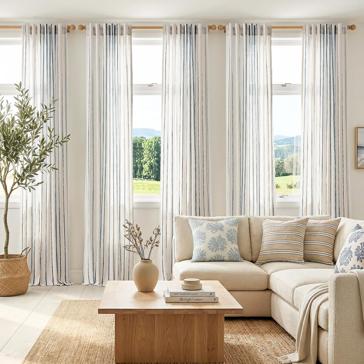 Vangao Striped Curtains Blue on White Semi Sheer Curtains 96 Inches Long