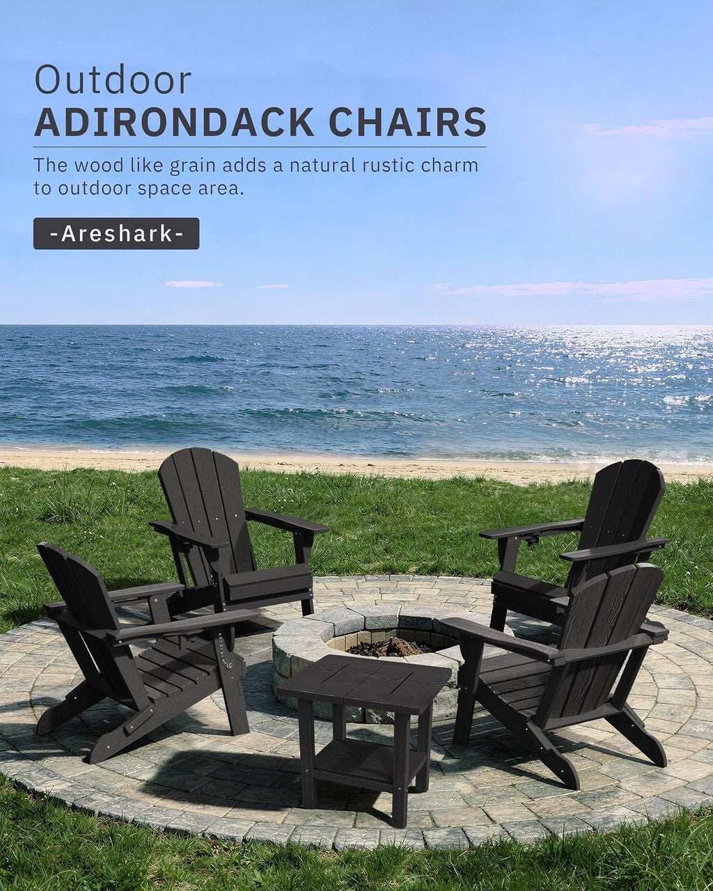 AreShark HDPE Folding Adirondack Chair with Cup Holder, Set of 4, Gray