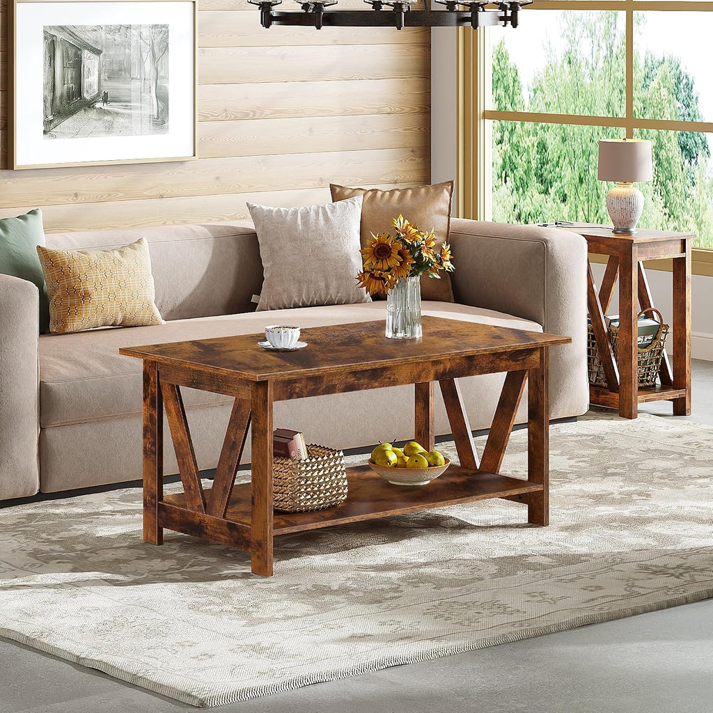 WLIVE 39.4" Farmhouse Coffee Table, Wood Center Table Storage Dark Brown