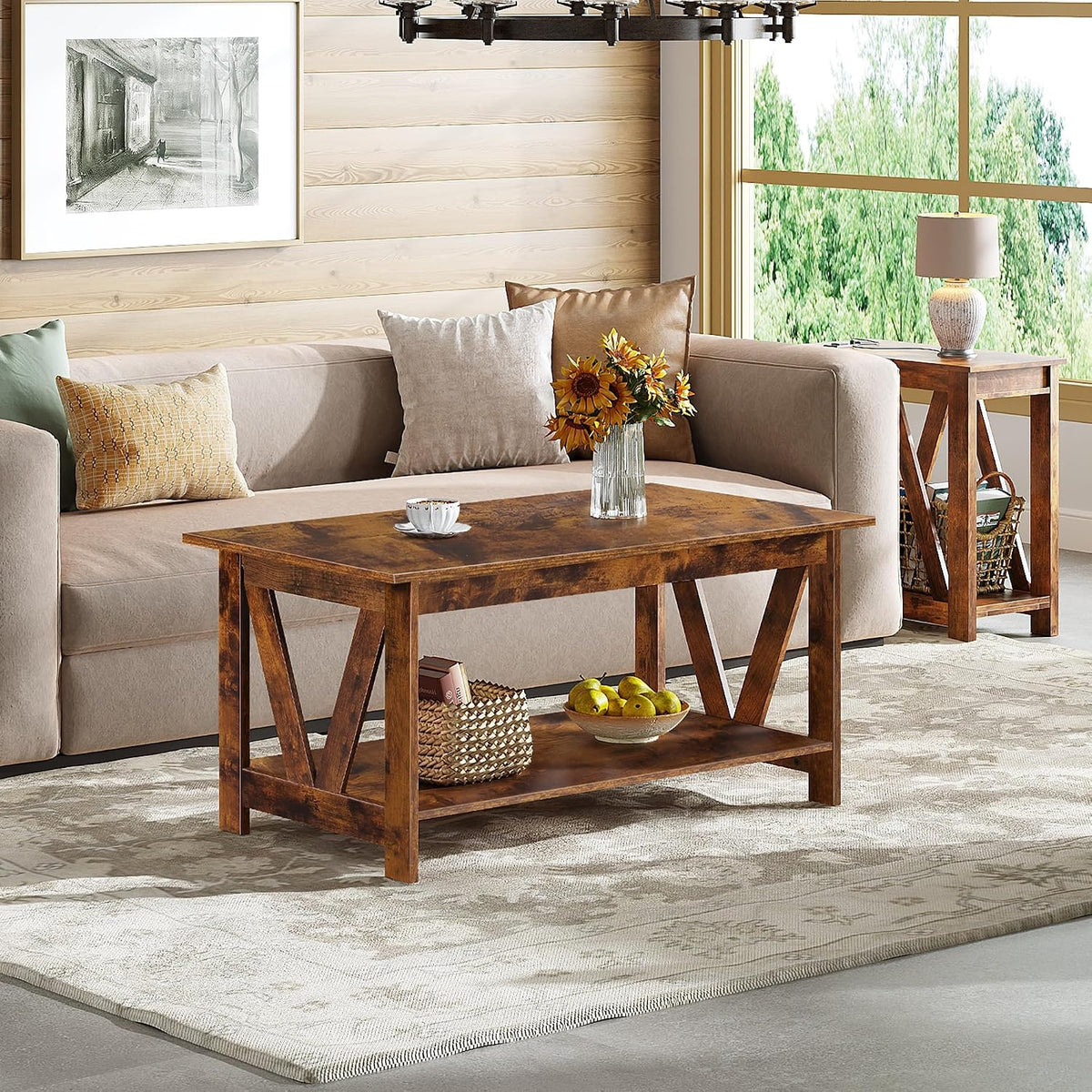 WLIVE 39.4" Farmhouse Coffee Table, Wood Center Table Storage Dark Brown