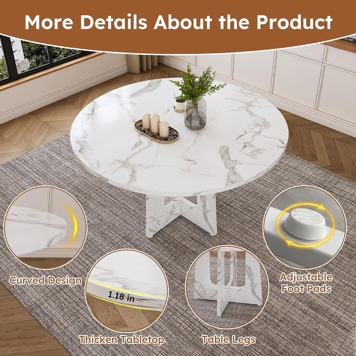 47" Round Farmhouse Dining Table Set for 4, Circle White Faux Marble Kitchen Table with 4 Beige Velvet Upholstered Dining Chairs, Wooden Kitchen and Dining Room Table Set for Dining Room