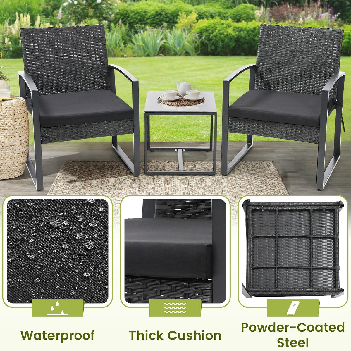 murago outdoor 3-piece wicker bistro set, patio conversation, side view