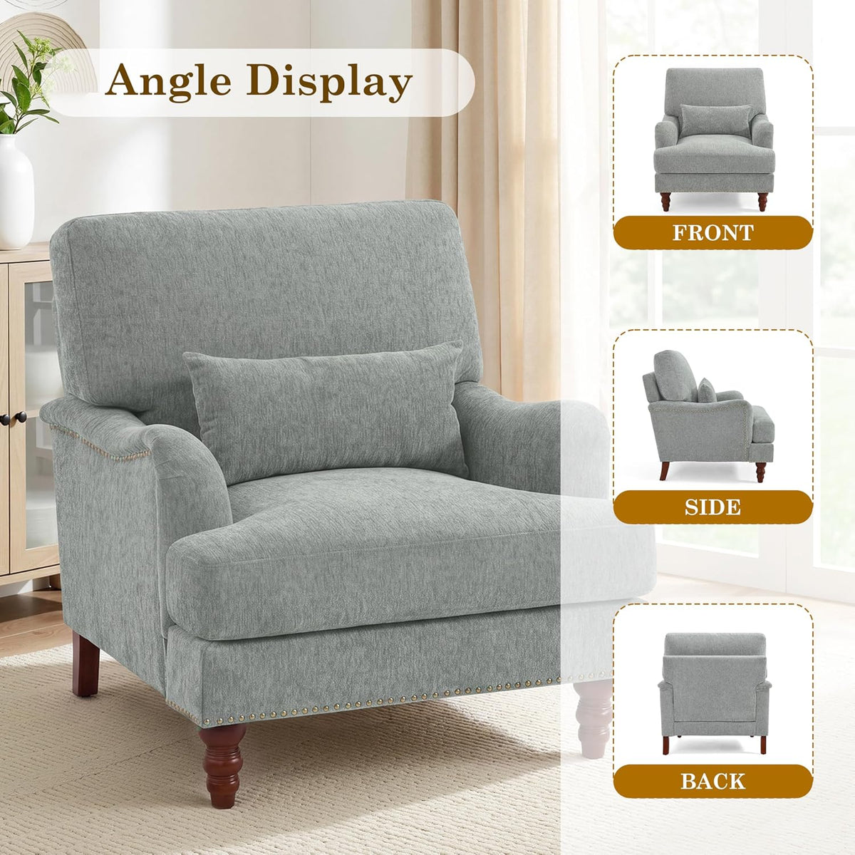 Accent Chairs Set of 2, Chenille Armchair with Lumbar Pillow, Light Gray