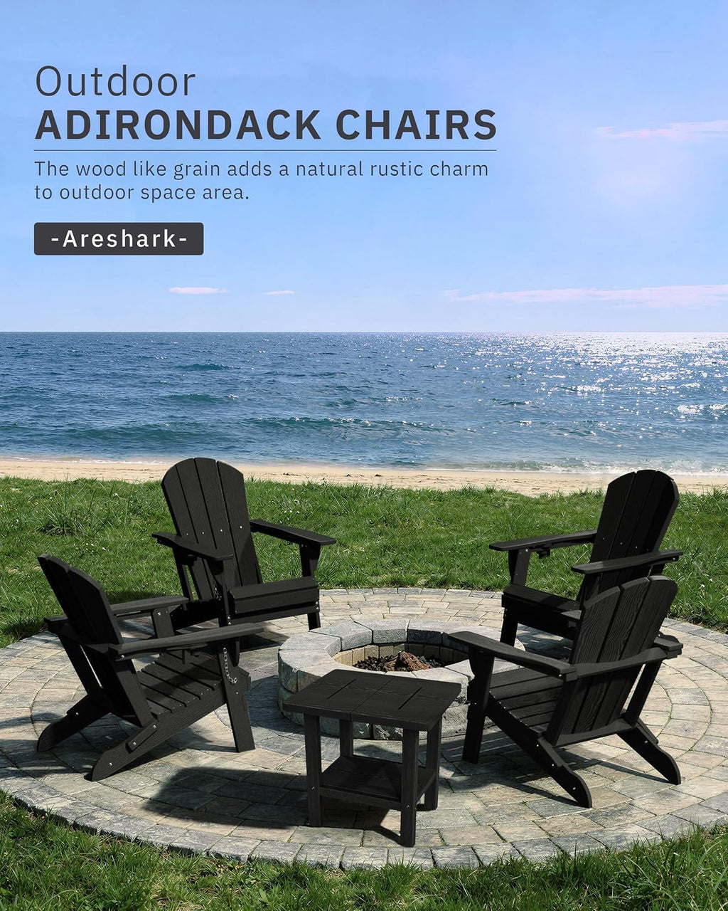 AreShark HDPE Folding Adirondack Chair with Cup Holder, Set of 2, Black