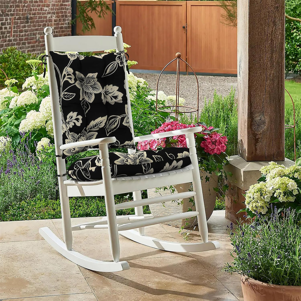 DYTXIII Set of 2 Rocking Chair Cushions for Outdoor/Indoor Use,Water Resistant Tufted High Back Chair Pads for Patio,Porch,Balcony Rocker and Adirondack Furniture - Vines Black