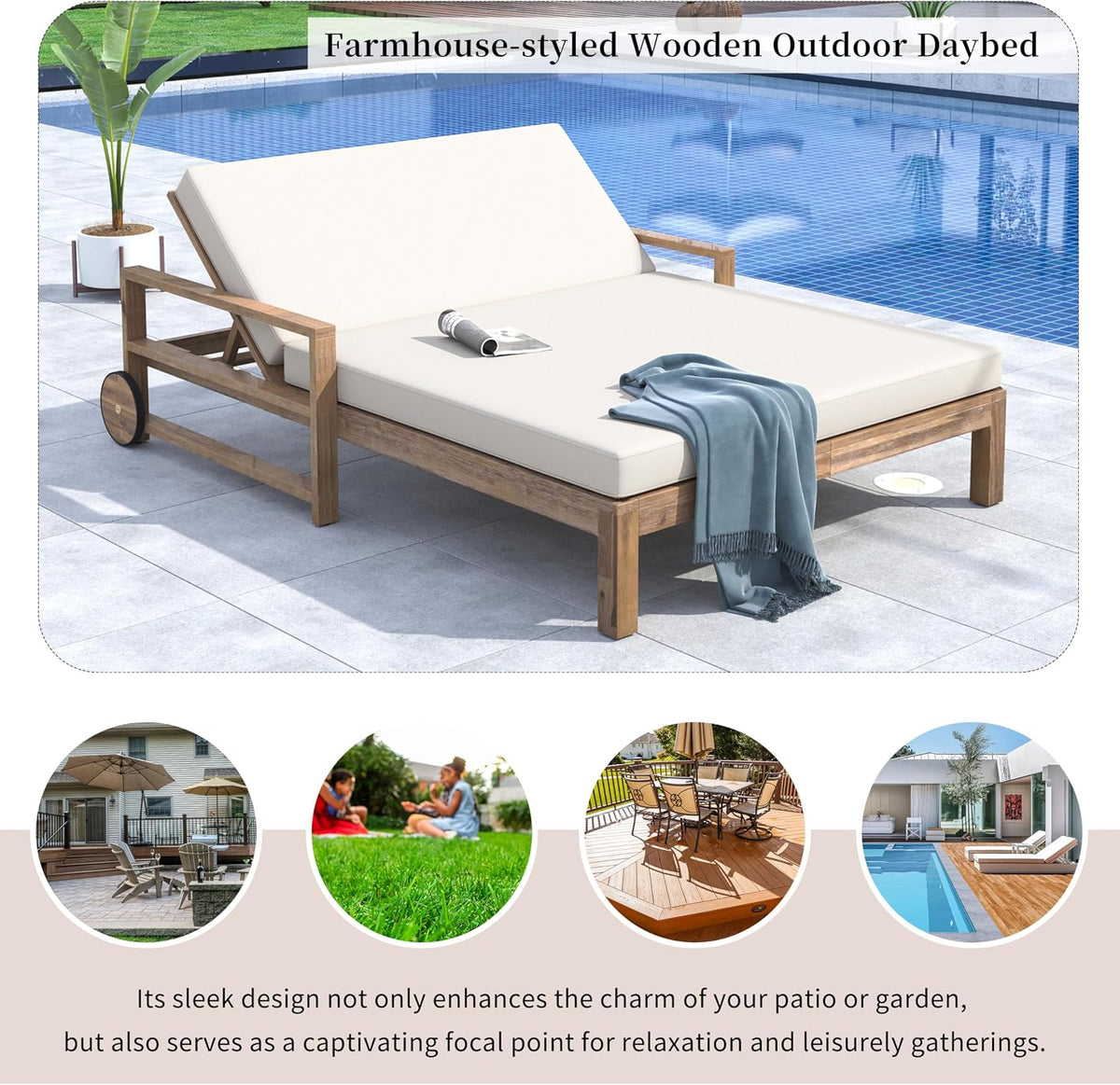Farmhouse-Style Acacia Wood Outdoor Daybed for 2,Weather-Resistant Patio Lounger with 4-Position Adjustable Backrest & Wheels,High-Resilience Foam Cushions,for Poolside, Garden(Beige)