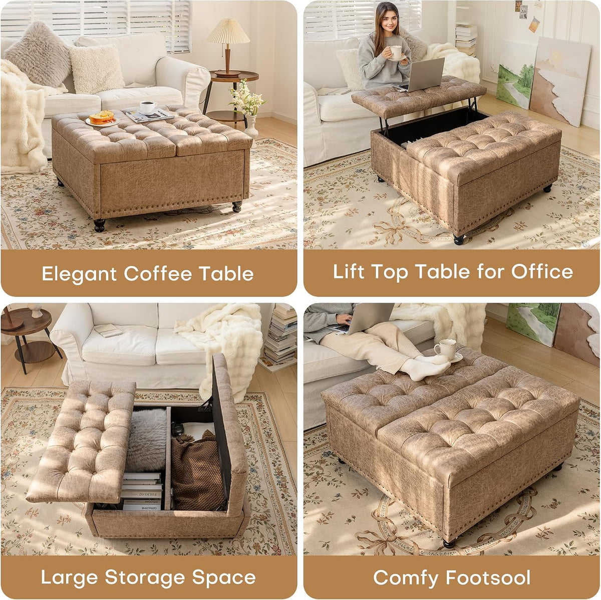 Redlife 35 Inch Large Square Storage Ottoman, Coffee Table Ottoman, Faux