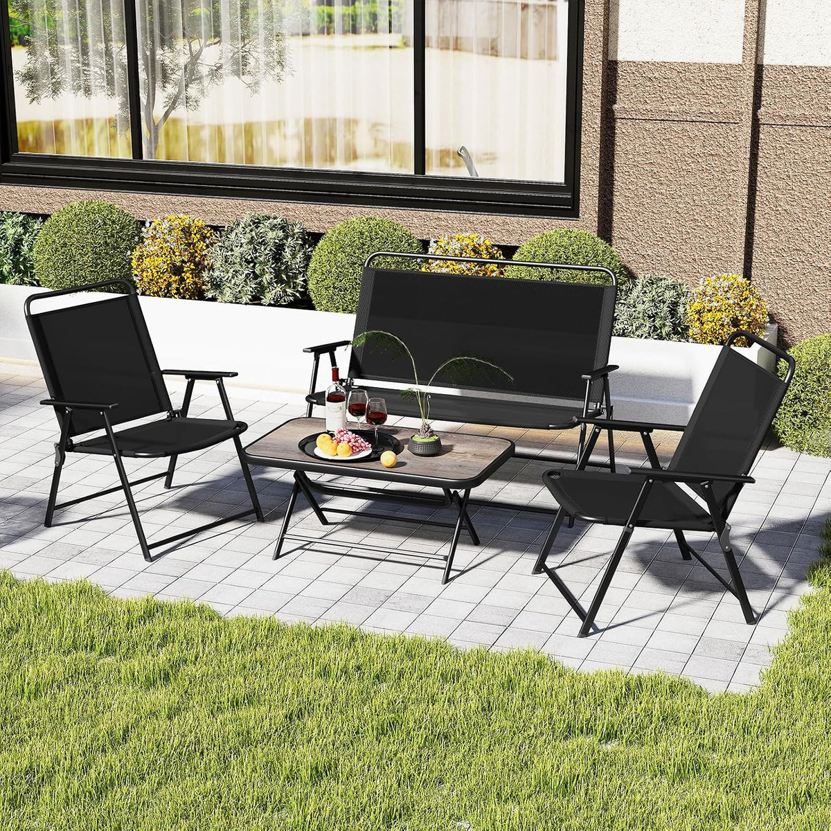 Tangkula 4 Piece Folding Patio Furniture Set, Metal Chair & Table Set with Breathable Fabric Seat, Outdoor Sectional Conversation Set with 2 Patio Chairs, Loveseat, Coffee Table for Yard Porch Deck