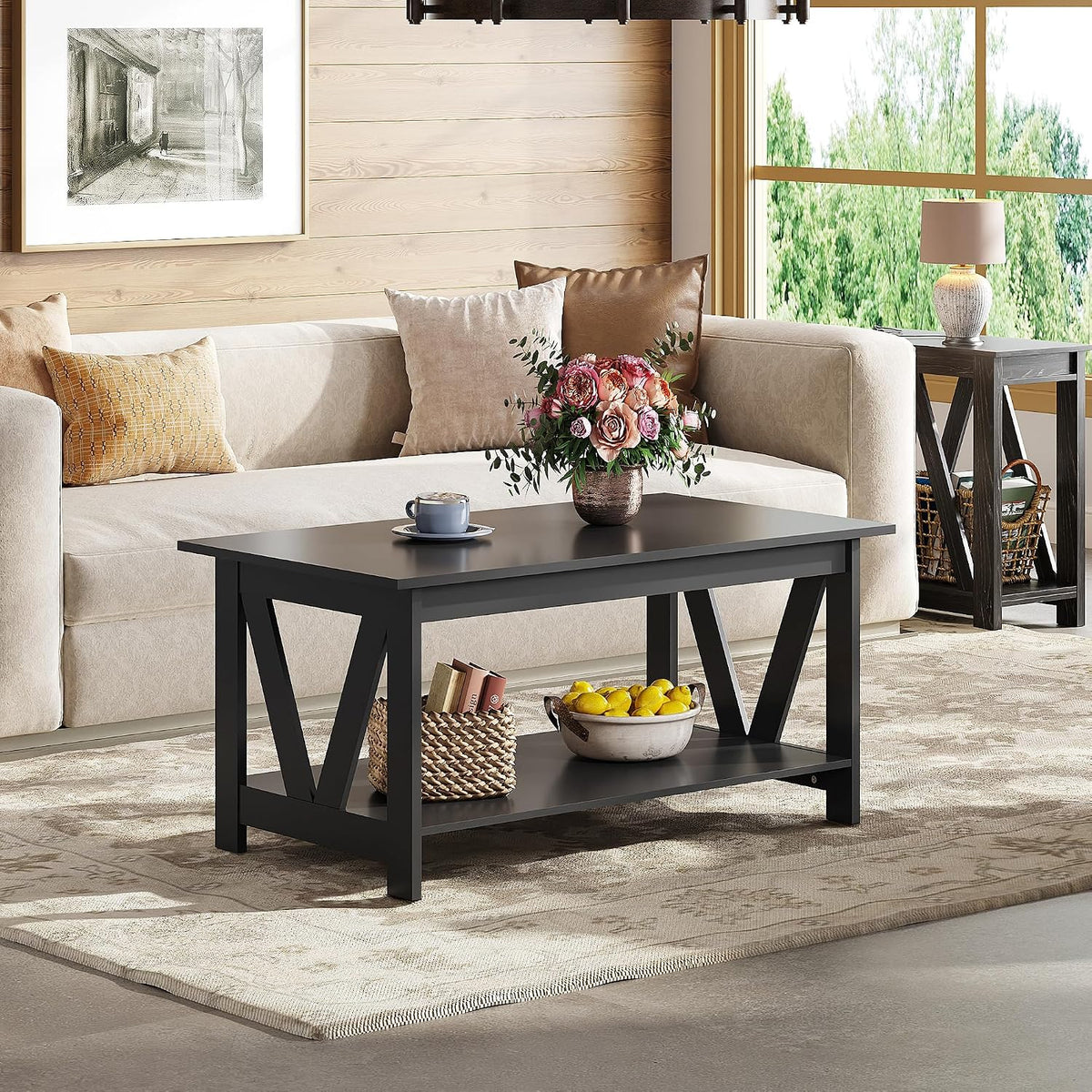 WLIVE 39.4" Farmhouse Coffee Table, Wood Center Table Storage Black