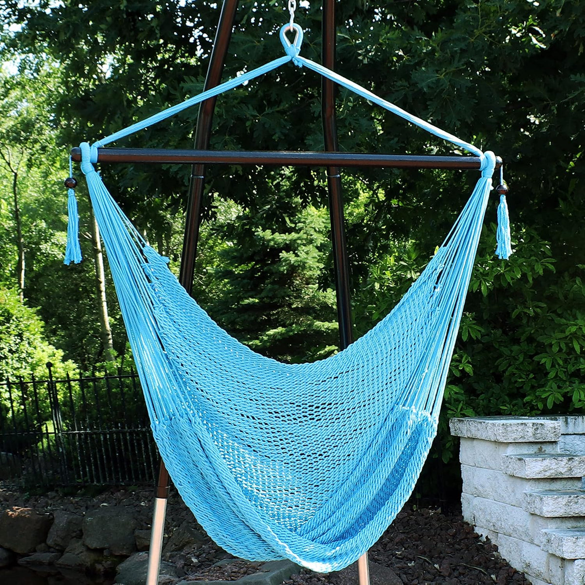 Sunnydaze Hanging Hammock Chair Swing for Patio, Caribbean, Sky Blue