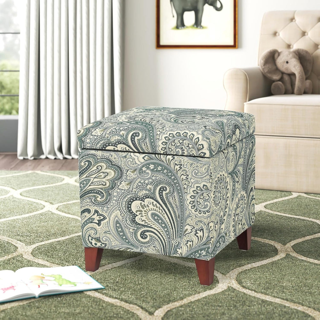 Adeco 18" Cube Storage Ottoman in Blue Paisley, Upholstered Linen Foot Stool & Accent Chair for Entryway, Vanity or Small Spaces