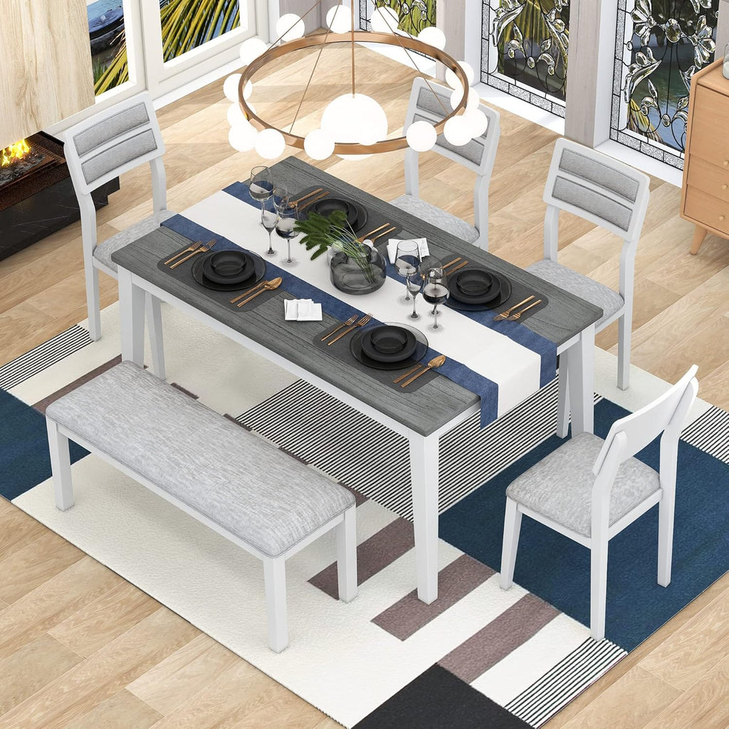 Harper & Bright Designs Classic and Traditional Style 6 - Piece Dining Set, Includes Dining Table, 4 Upholstered Chairs & Bench (White+Gray), (ST000043AAK-MZJ)