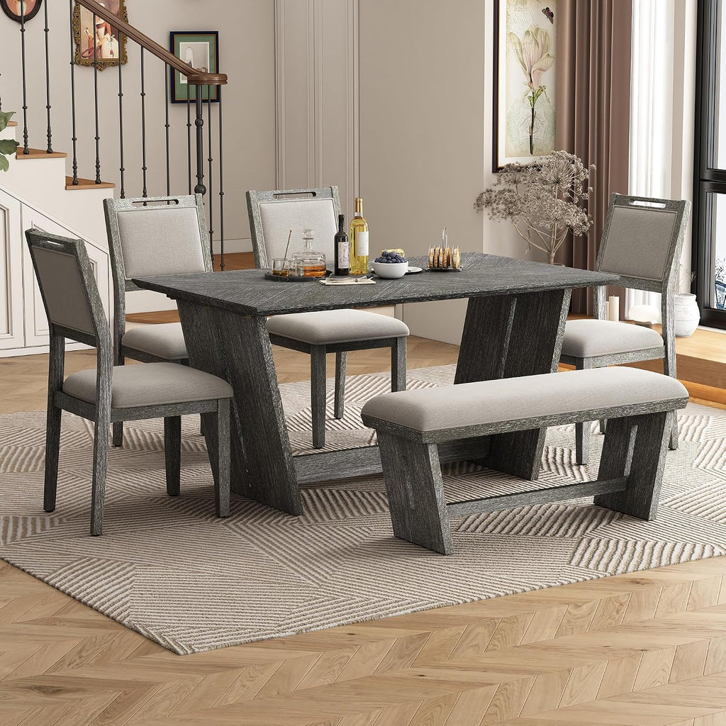 Merax 6-Piece Retro Dining Set, 1 Rectangular Table with Stable Trapezoidal Table Base and 4 Upholstered Chairs and 1 Bench for Dining Room and Kitchen, Antique Gray