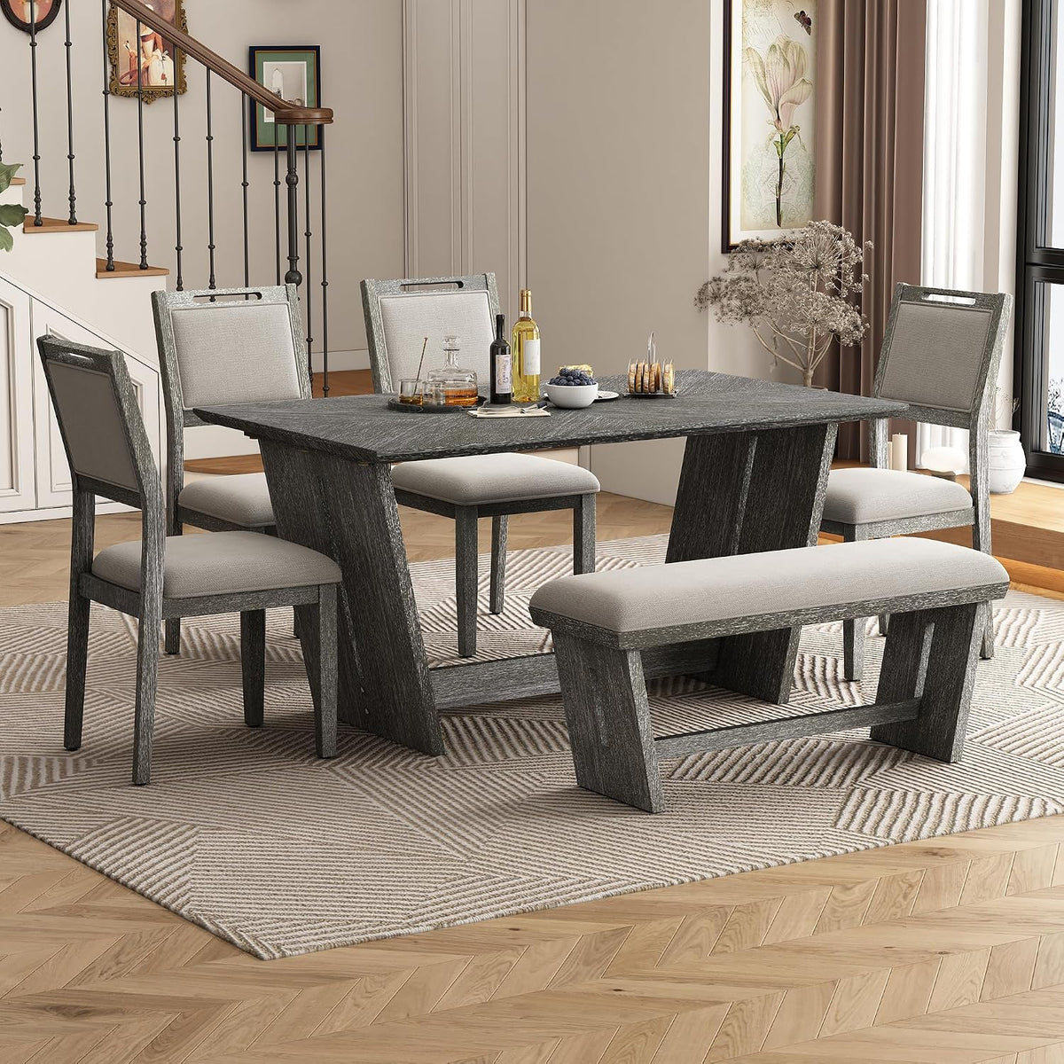 Merax 6-Piece Retro Dining Set, 1 Rectangular Table with Stable Trapezoidal Table Base and 4 Upholstered Chairs and 1 Bench for Dining Room and Kitchen, Antique Gray