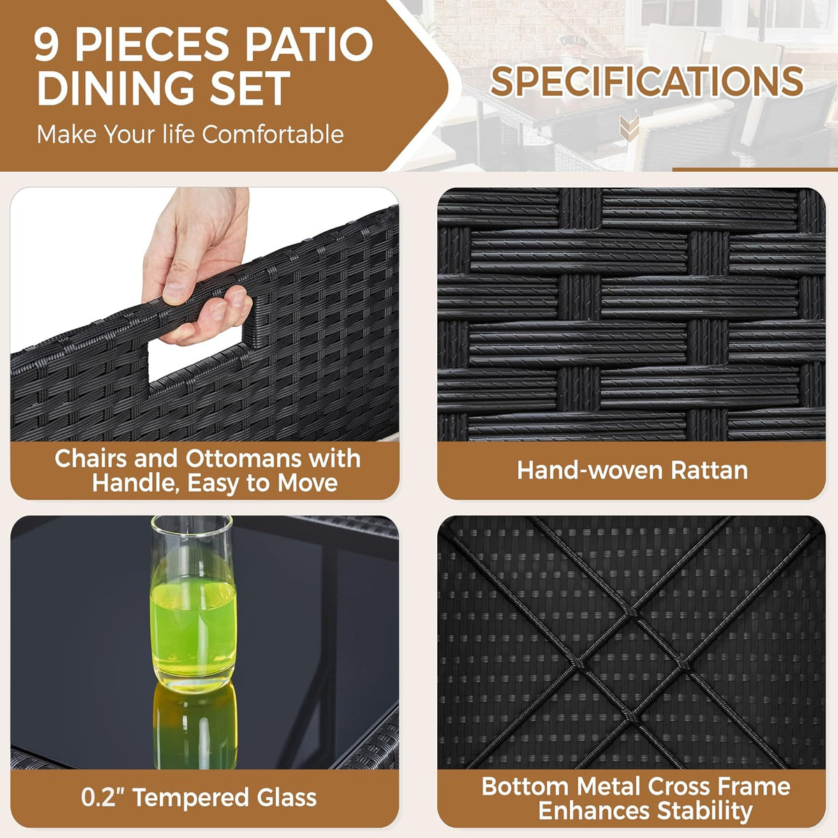 Yaheetech 9 Pcs Patio Dining Sets, Rattan Chairs w/Glass Table Black/Beige