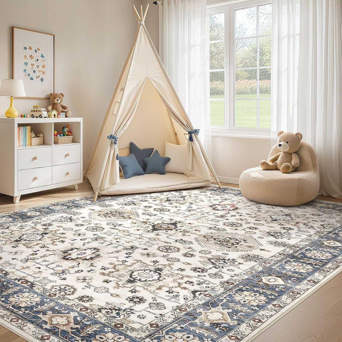 10x14 Washable Area Rug for Living Room, Vintage Pattern