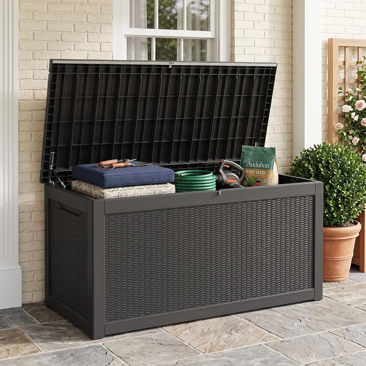 Outdoor Storage Box, 320 Gallon Waterproof Deck Box [Upgraded 3.1], Giant Resin Storage for King Cushions, Lockable Bench Chest, Estate Yard Garden BBQ Gathering, Black