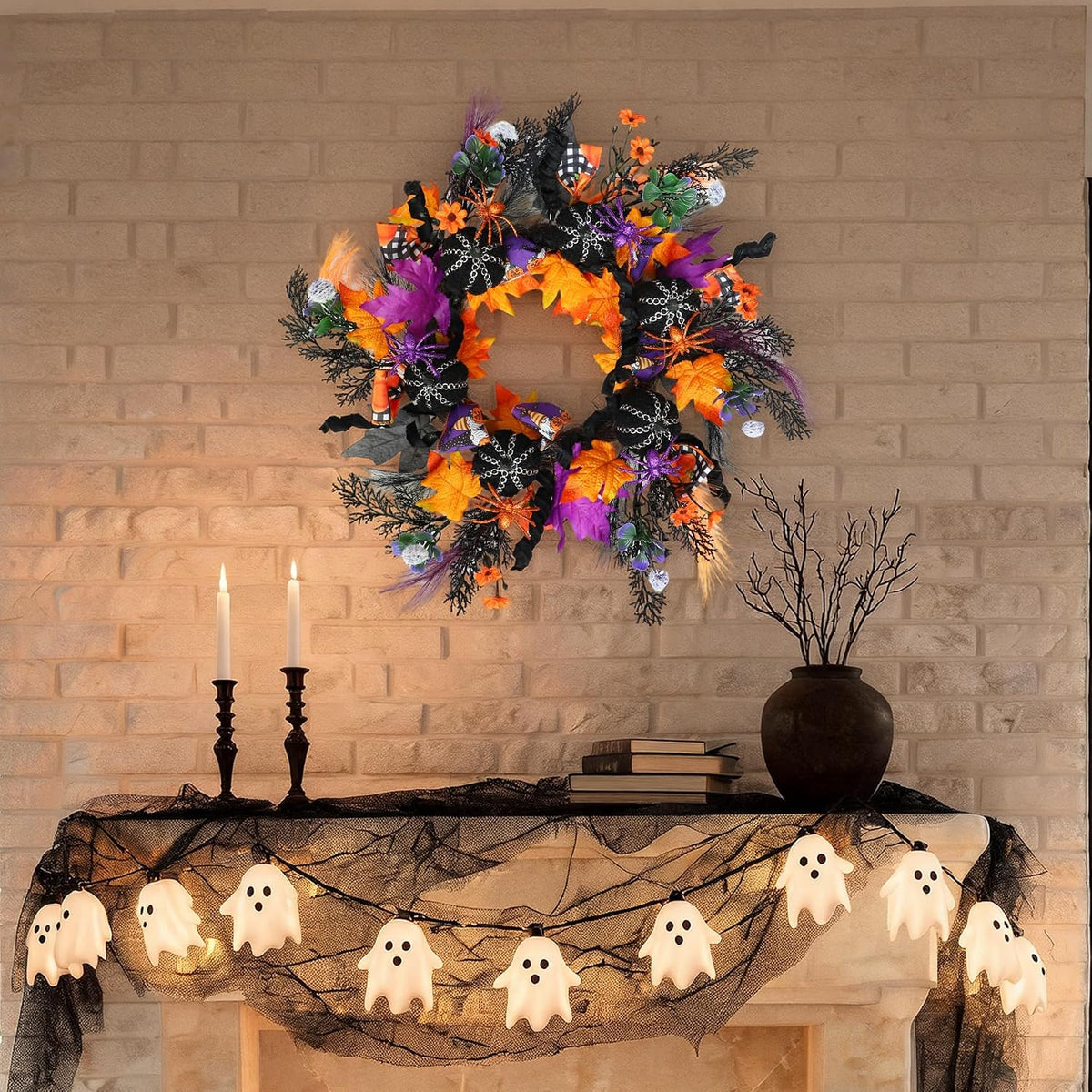 KBREE 22" Halloween Wreath for Front Door, Full Gothic Spooky Autumn Wreath with Black Corduroy Pumpkins, Glitter Orange Purple Spiders & Dark Twigs, Large Halloween Party Decor for Wall Window