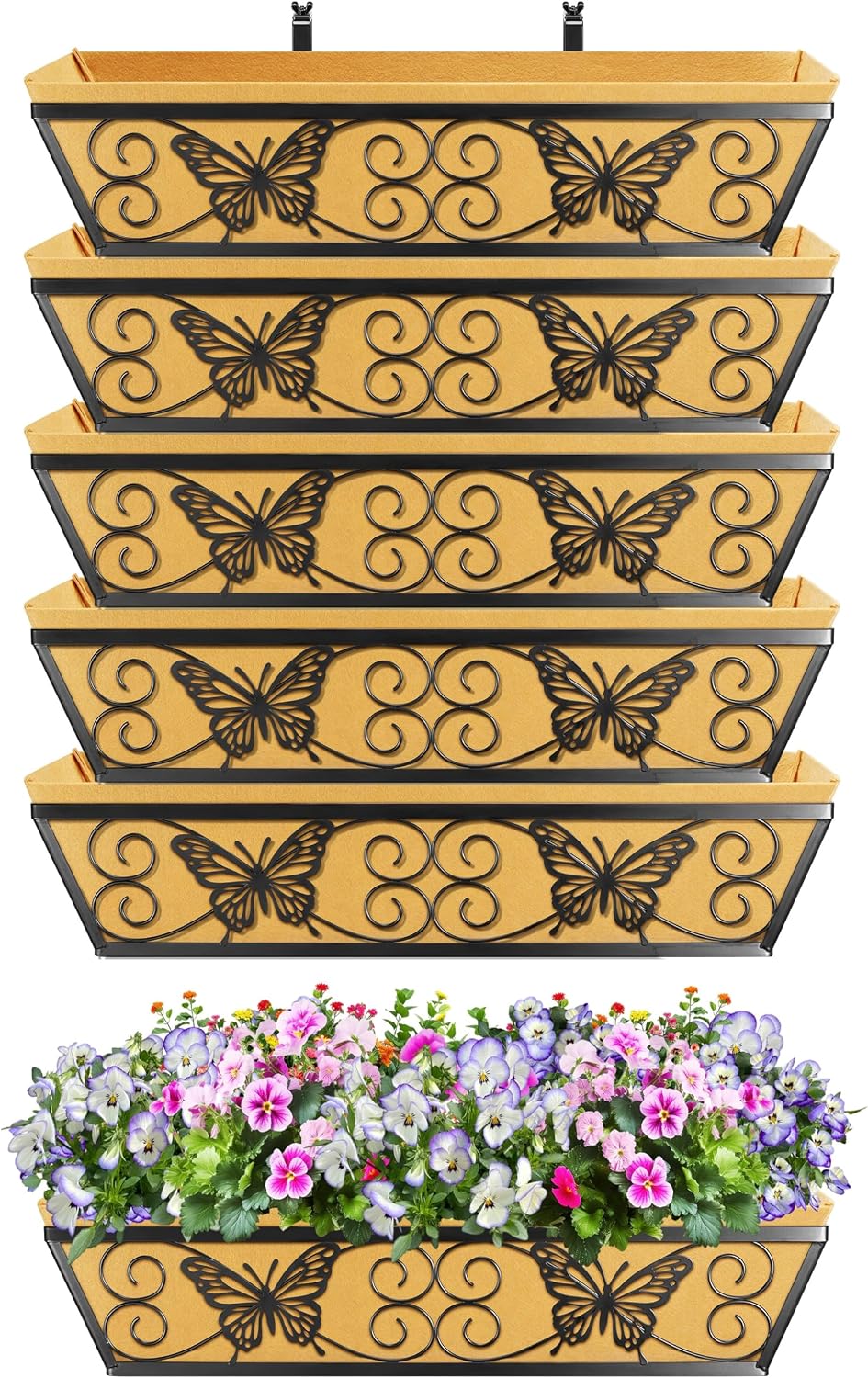 6 Pack 24 Inch Window Boxes Planters Railing Planter Box with Adjustable Brackets for Porch Fence Patio Balcony Hanging Flower Baskets with Woven Fabric for Outdoor Garden Decor - Black