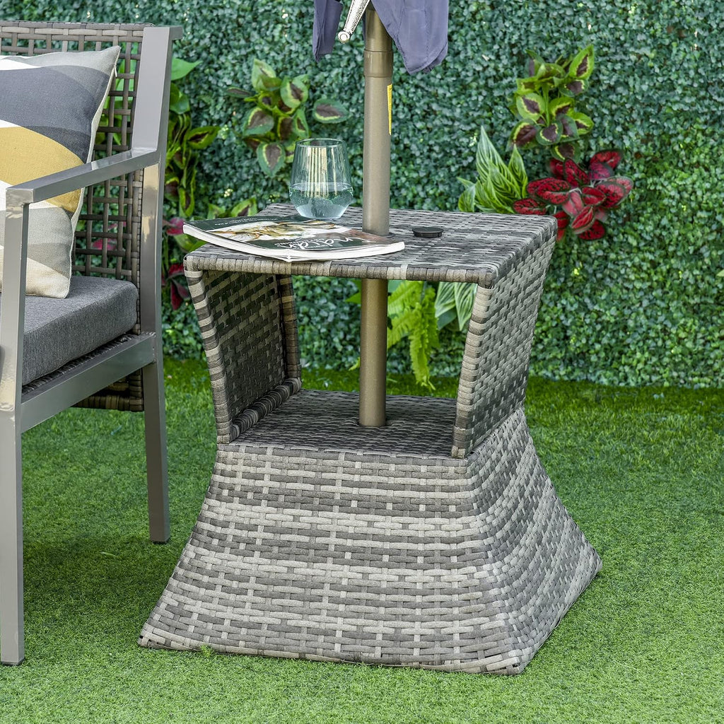 Outsunny Outdoor Side Table with Umbrella Hole 2 Tier Wicker Mixed Gray