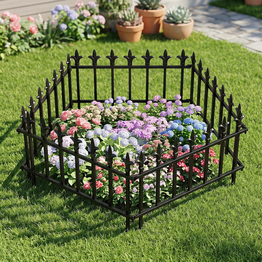 Giantex 5 Panels Decorative Metal Garden Fence, 9 FT No Dig Garden Border Fence with Fleur-de-Lis Finials, 17" H Heavy Duty Flower Bed Edging Fence, Folding Landscape Fencing for Yard, Pathway