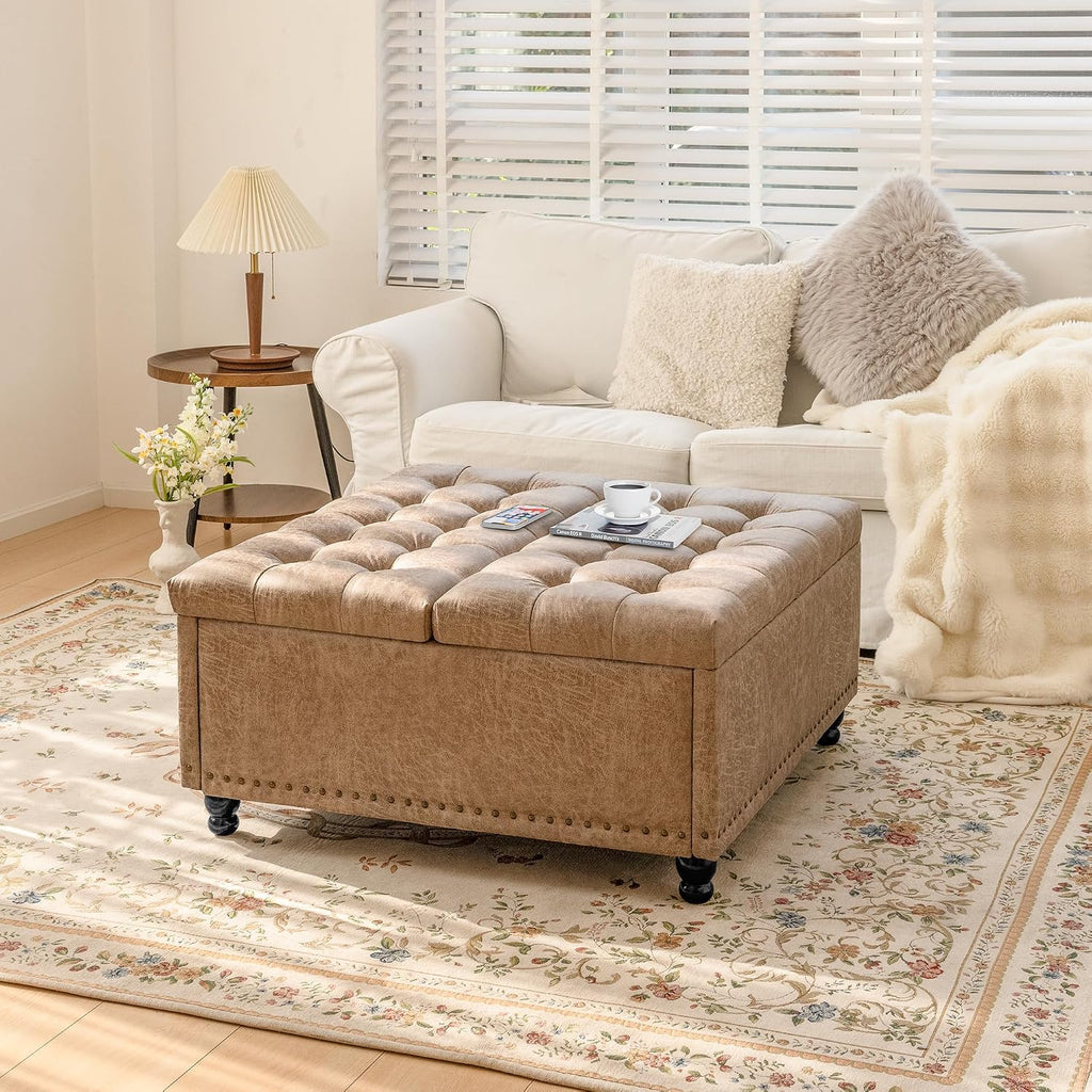 Redlife 35 Inch Large Square Storage Ottoman, Coffee Table Ottoman, Faux