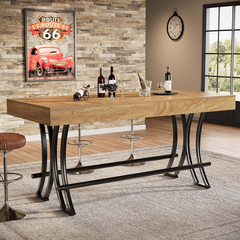 Tribesigns 63" Counter Height Bar Table with Metal Footrest, Rectangular Tall Kitchen Dining Pub Table, Industrial Home Bar Unit for Entertaining, Freestanding, Rustic Brown