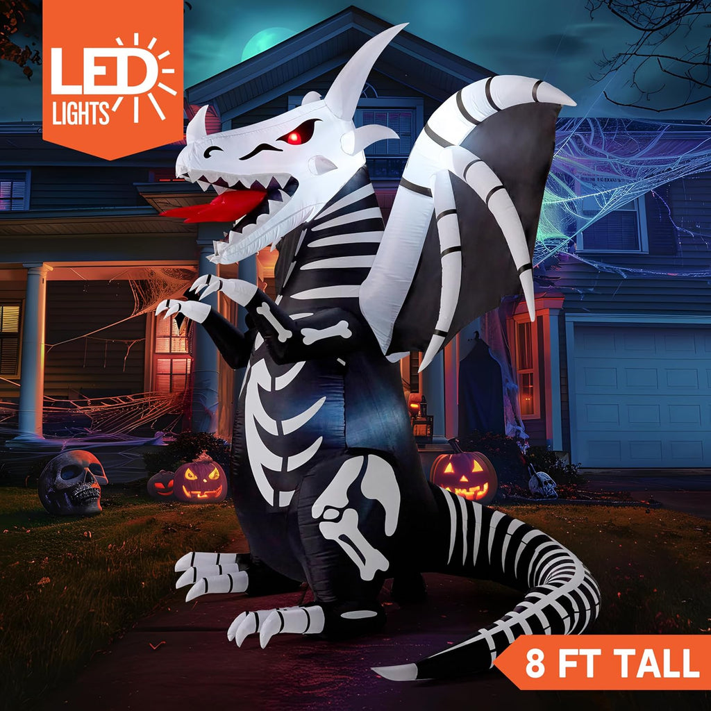 Joiedomi 8 FT Tall Halloween Inflatables Outdoor Skeleton Dragon Decoration, Blow Up Yard Decoration Inflatable Skeleton Dragon, Scary Halloween Decorations with Red LED Eyes for Lawn Garden Decor
