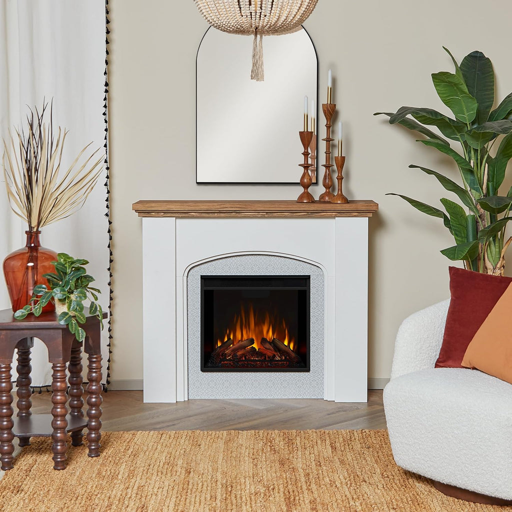 Real Flame Anika 49" Electric Fireplace with Mantel for Living Room or Bedroom, Replaceable Fireplace Insert Heater, Realistic Log and Flame Effect, Remote Control, Timer, White