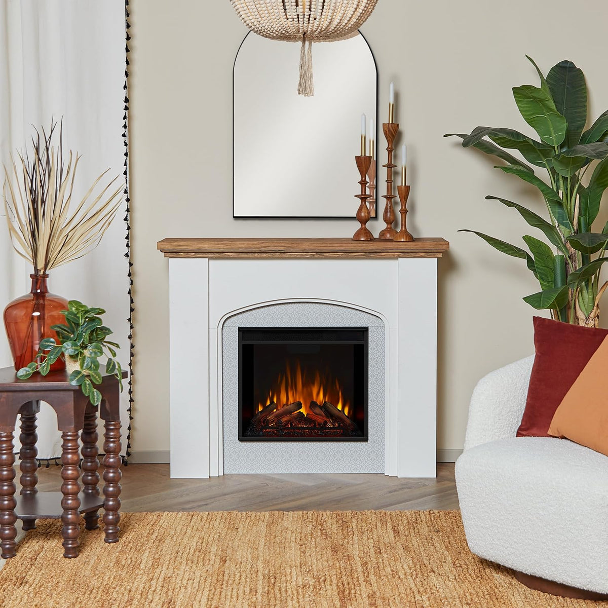 Real Flame Anika 49" Electric Fireplace with Mantel for Living Room or Bedroom, Replaceable Fireplace Insert Heater, Realistic Log and Flame Effect, Remote Control, Timer, White
