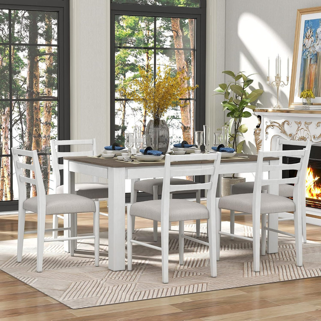 7 Pieces Dining Table Set Wooden Rectangle Extendable Table with 12” Leaf and 2 Drawers, 6 Dining Chairs with Soft Cushion, Kitchen Dining Room Set for 6 Persons (Brown + White)