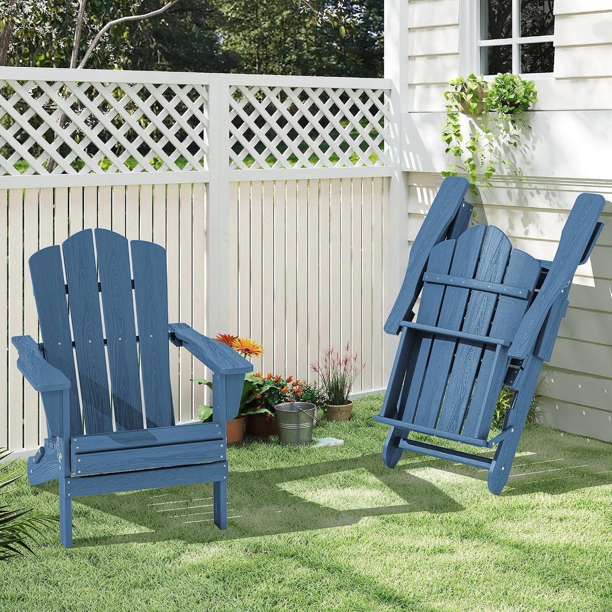 KINGYES Folding Adirondack Chair, All-Weather HDPE Material, Navy, 2 Pack