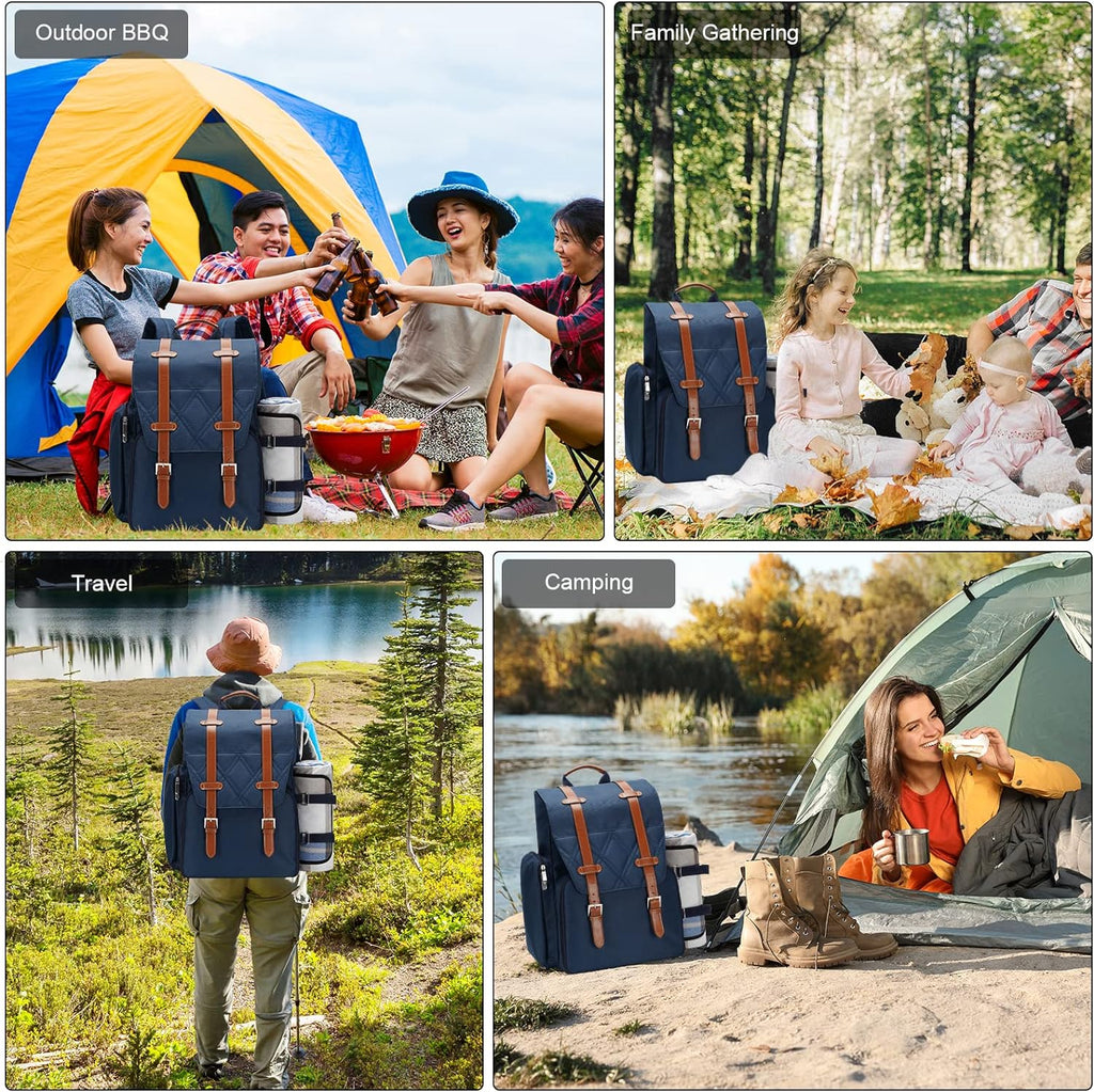 Picnic Backpack for 4 Person w/Cooler & Waterproof Blanket,Blue