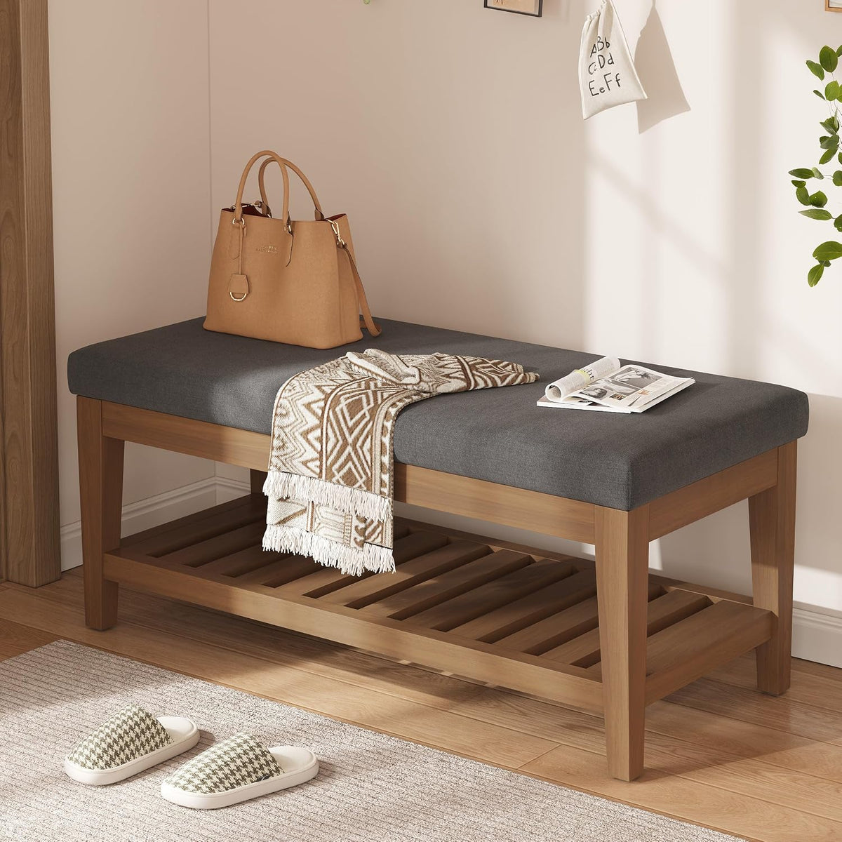Apicizon 45" Shoe Rack Bench with Upholstered Cushion, Solid Rubberwood Entryway Shoe Bench, Modern Chenille Ottoman Bench with Storage for Hallway Bedroom Living Room Front Door Entrance, Dark Gray