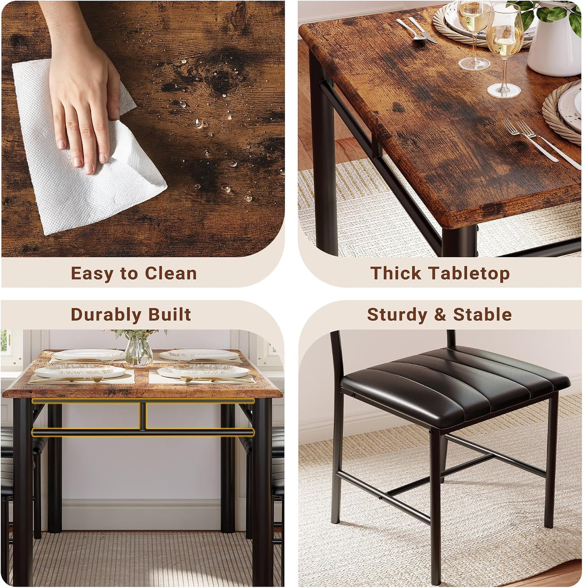 IRONCK Dining Table Set for 4, Rustic Brown