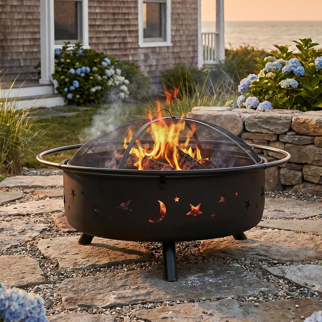 Sunnydaze Cosmic 42" Large Fire Pit for Outside Wood Burning, Round, Metal